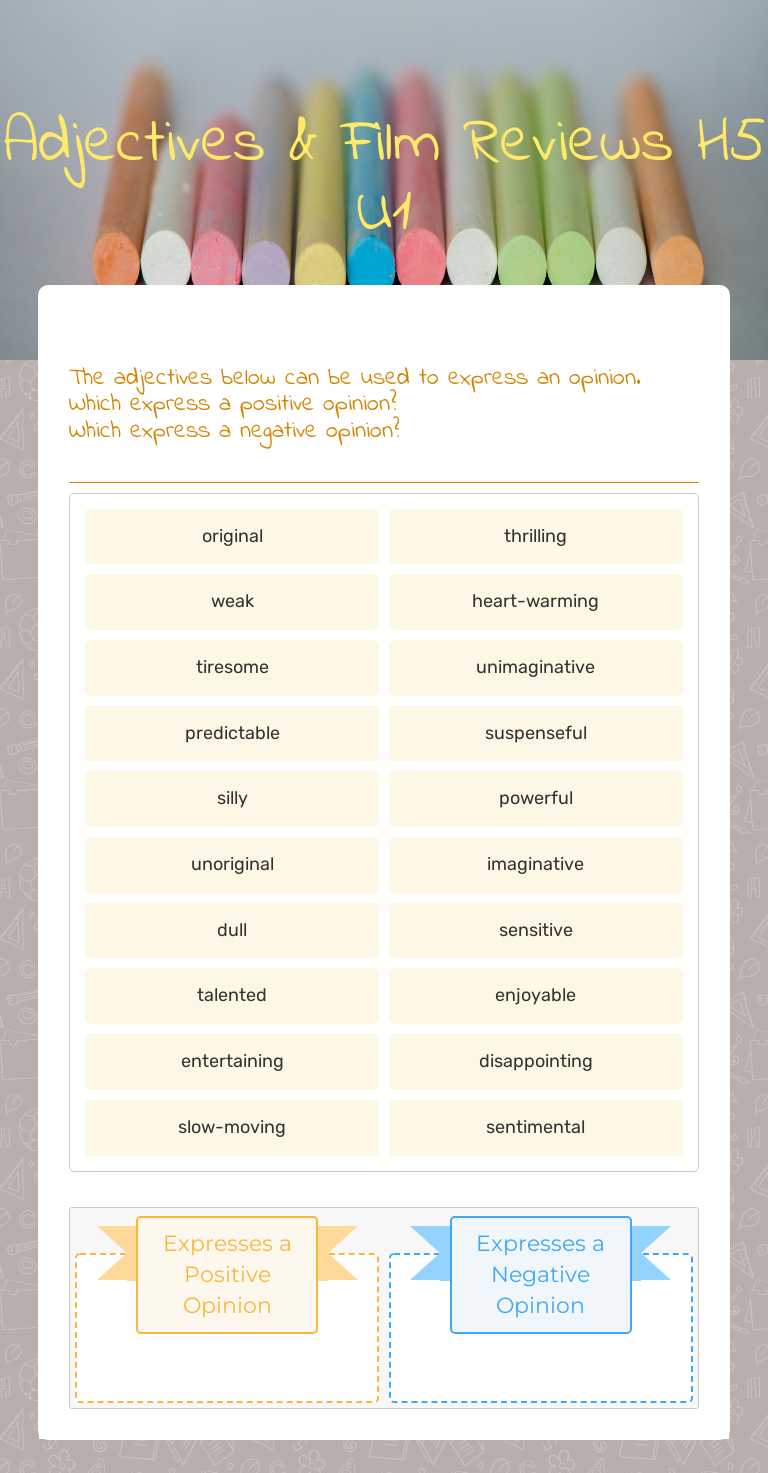 Adjectives & Film Reviews
H5 U1 Grade 10 worksheet preview
