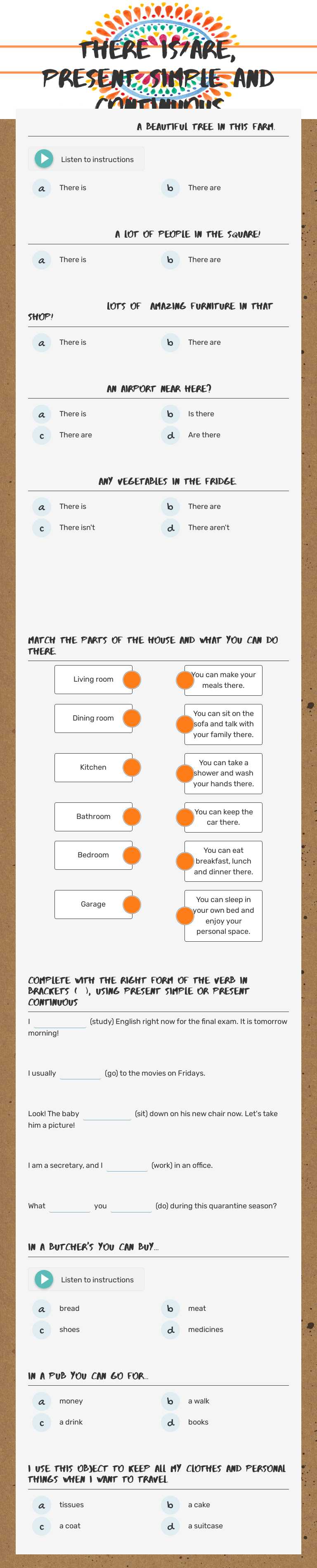THere is/are, present simple and continuous Other worksheet preview
