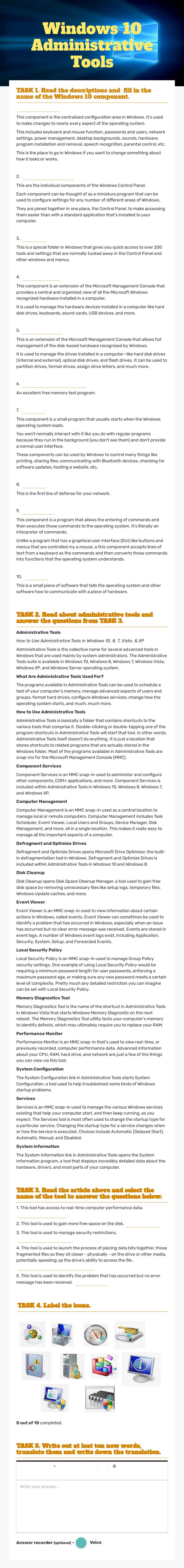 Windows 10 Administrative Tools worksheet preview image