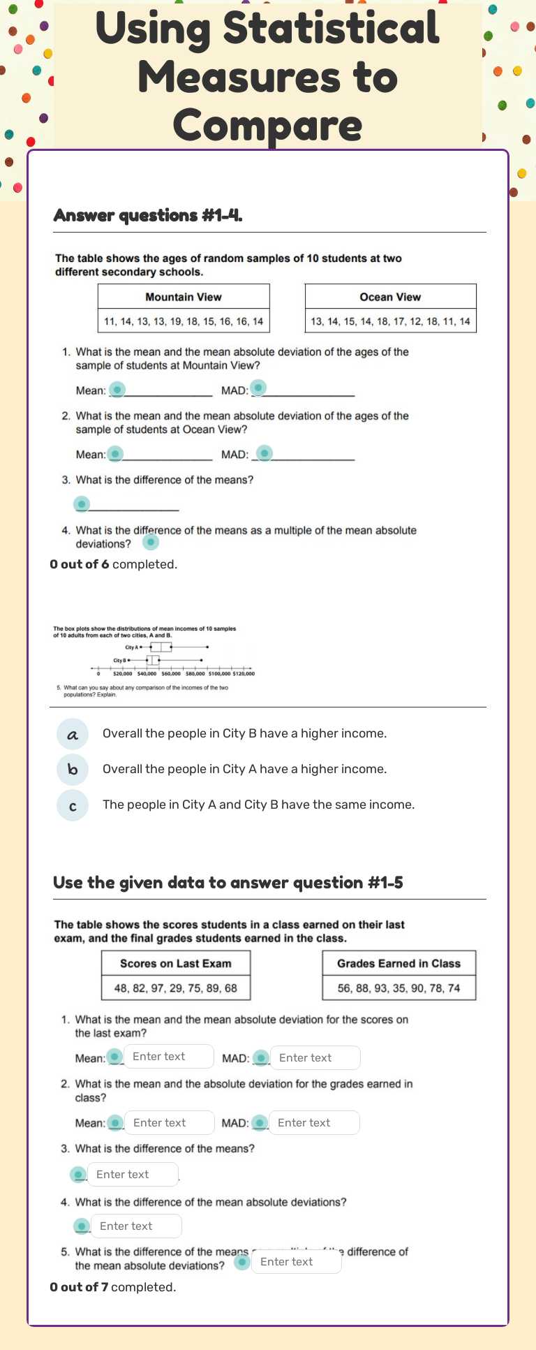 Using Statistical Measures  to Compare Populations worksheet preview image