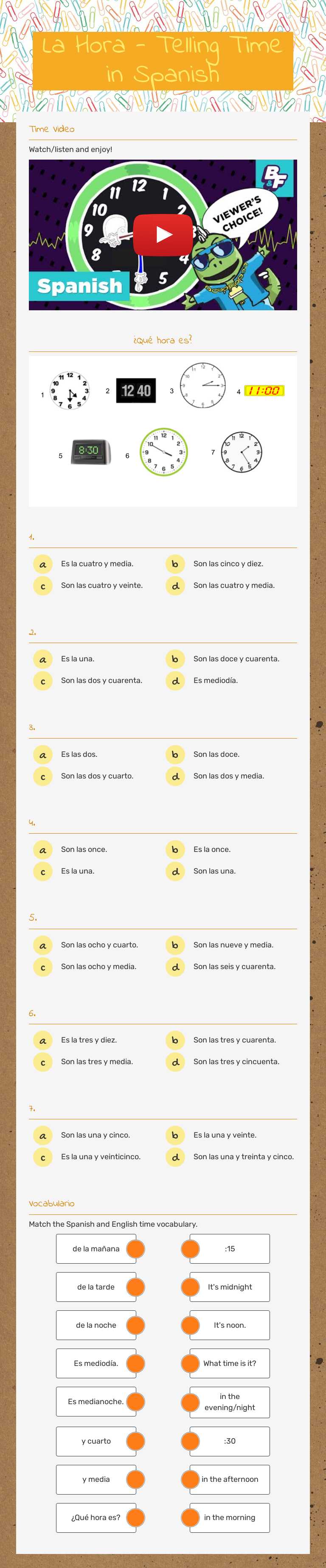 La Hora - Telling Time in Spanish Grade 9 worksheet preview