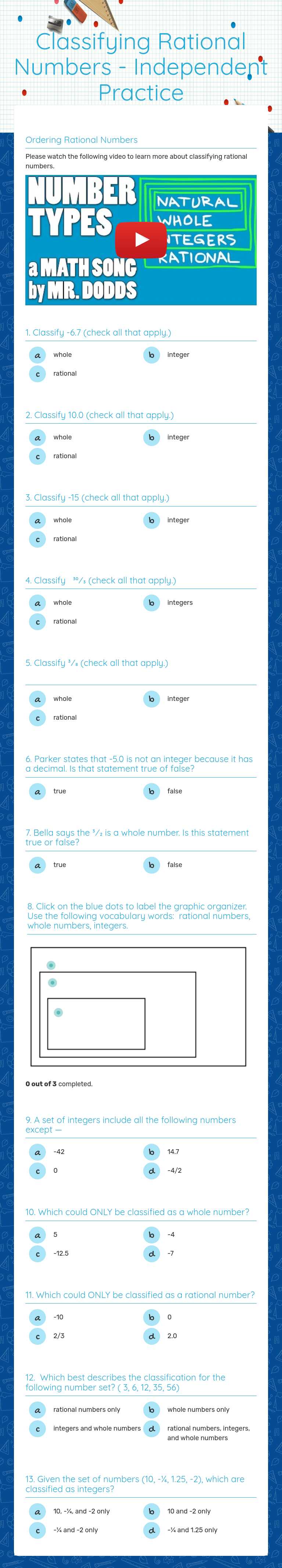 Classifying Rational Numbers - Independent Practice worksheet preview image