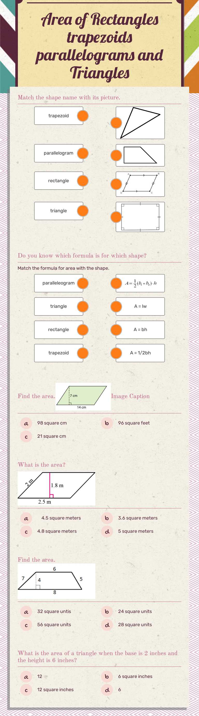 Area of Rectangles trapezoids parallelograms and Triangles worksheet preview image