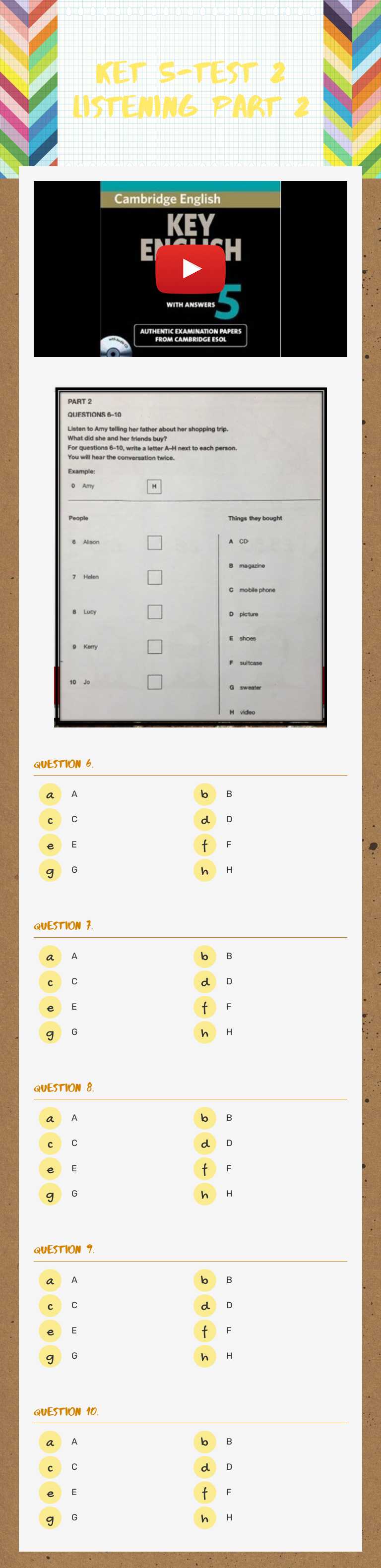 ket 5-test 2 listening part 2 Grade 6 worksheet preview