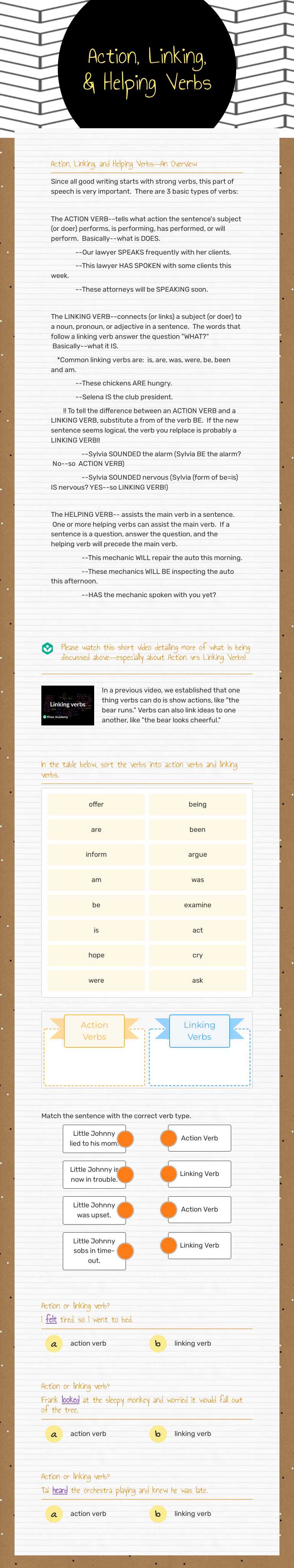 Action, Linking, & Helping Verbs worksheet preview image