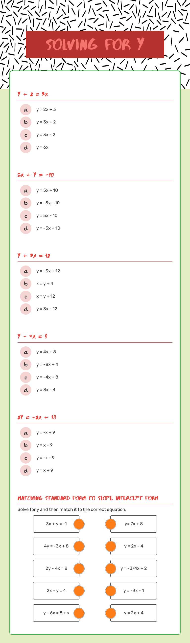 Solving for y Grade 9 worksheet preview