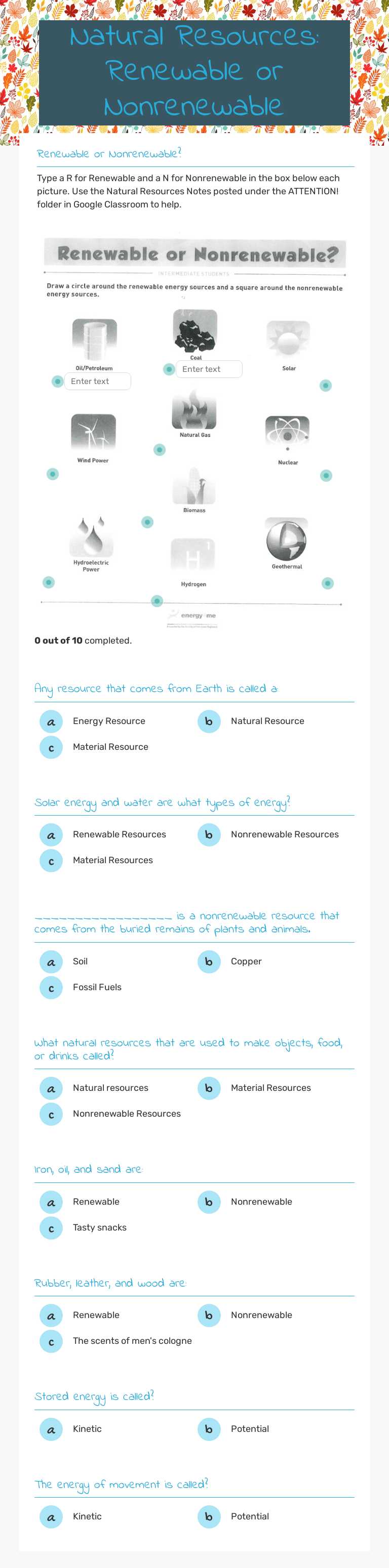 Natural Resources: Renewable or 
Nonrenewable worksheet preview image