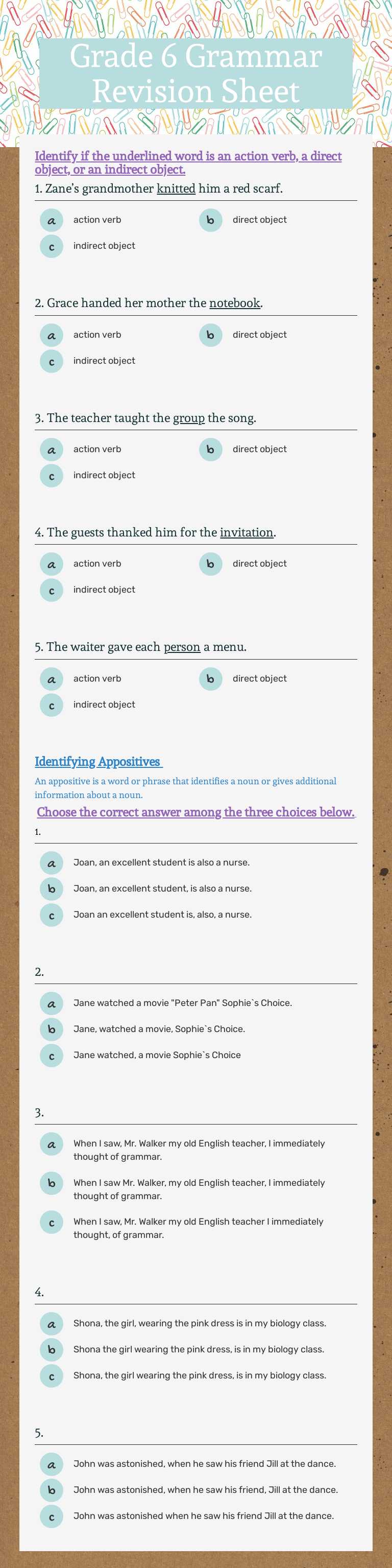 Grade 6 Grammar Revision Sheet worksheet preview image
