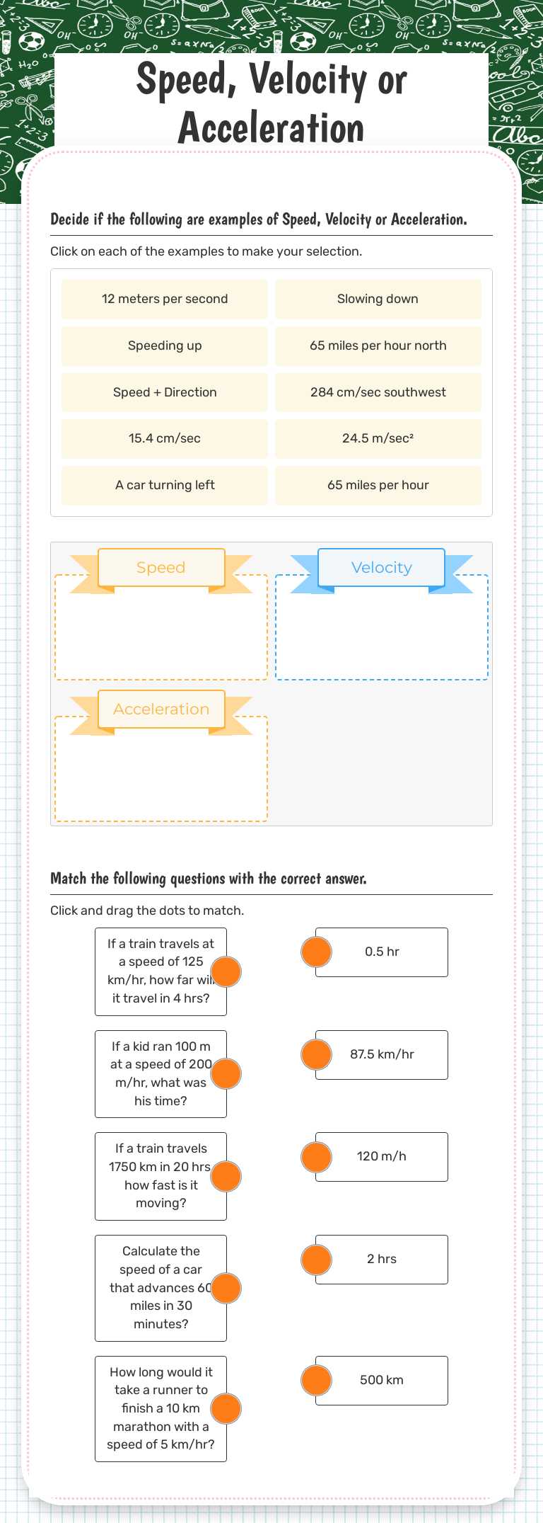 Speed, Velocity or Acceleration worksheet preview image