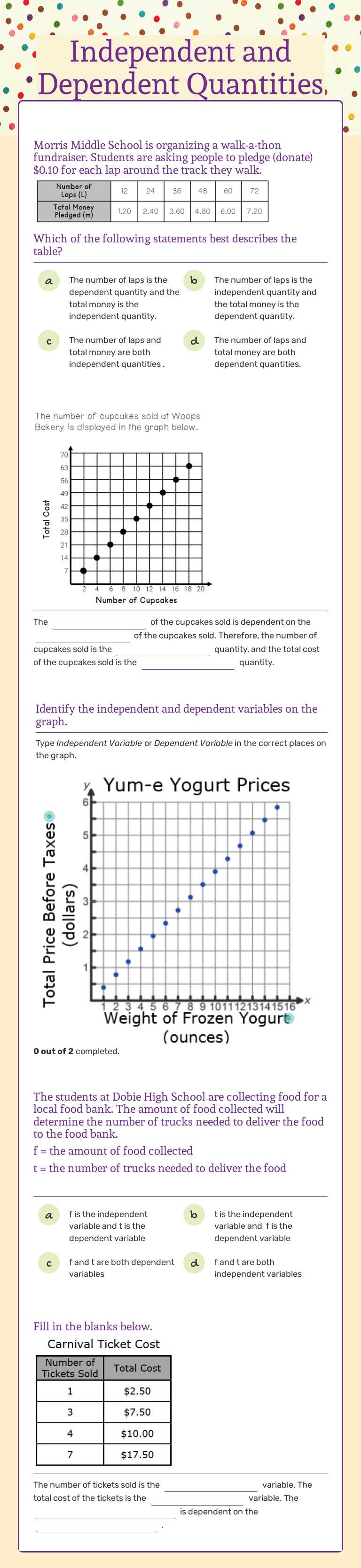 Independent and Dependent Quantities worksheet preview
