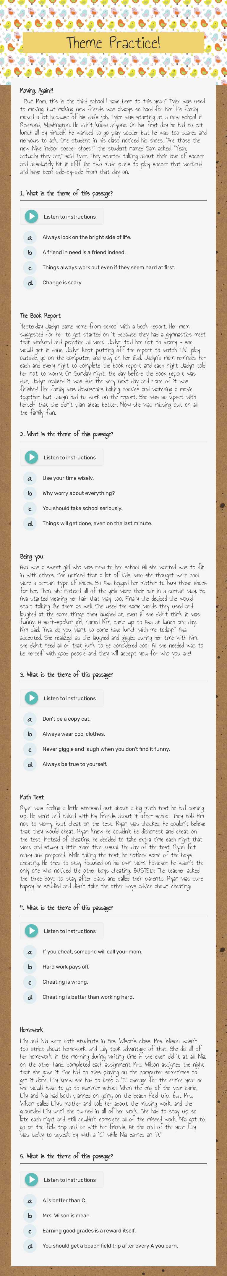 Theme Practice! Grade 4 worksheet preview
