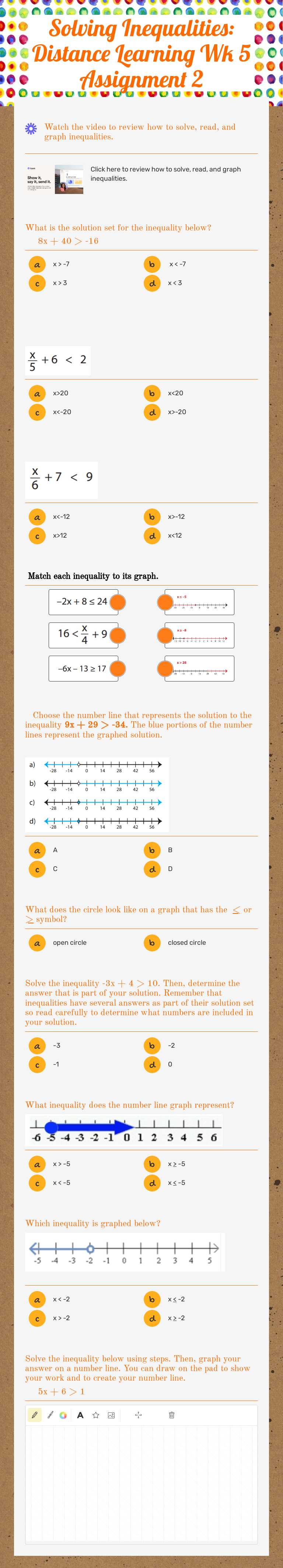 Solving Inequalities: Distance Learning Wk 5 Assignment 2 Grade 7 worksheet preview