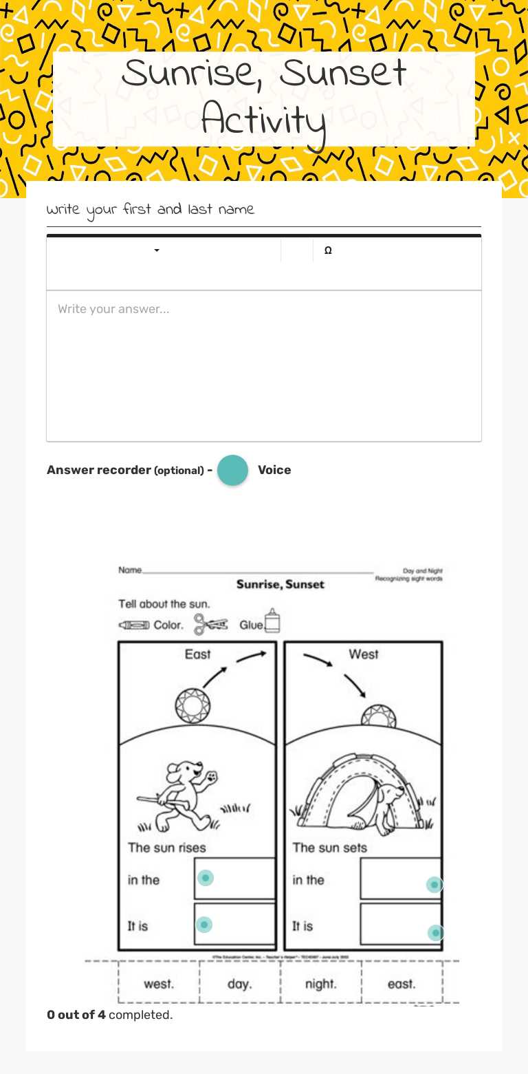 Sunrise, Sunset Activity Grade 1 worksheet preview