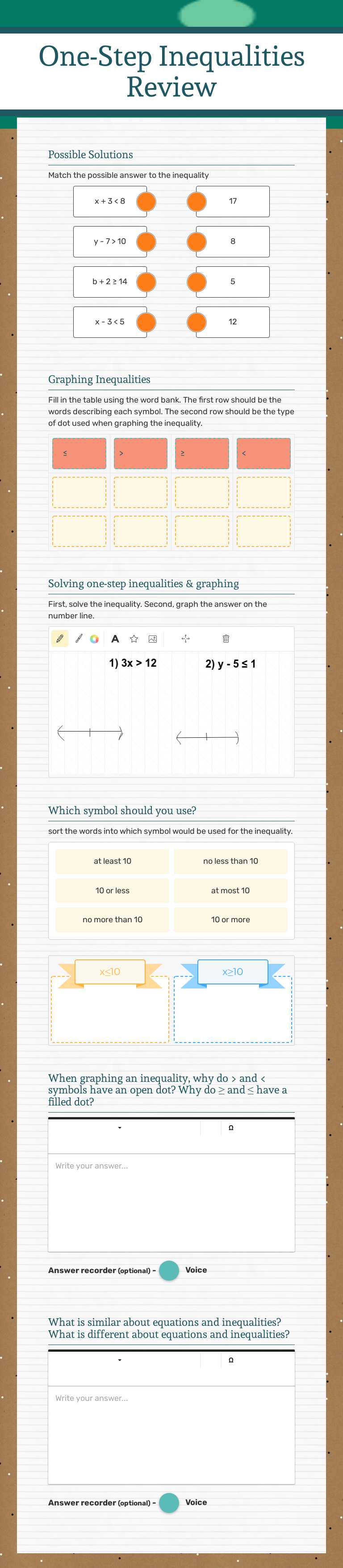 One-Step Inequalities Review Grade 7 worksheet preview
