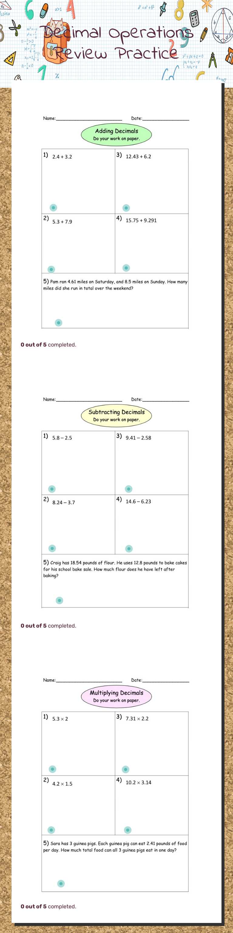 Decimal Operations Review Practice worksheet preview image