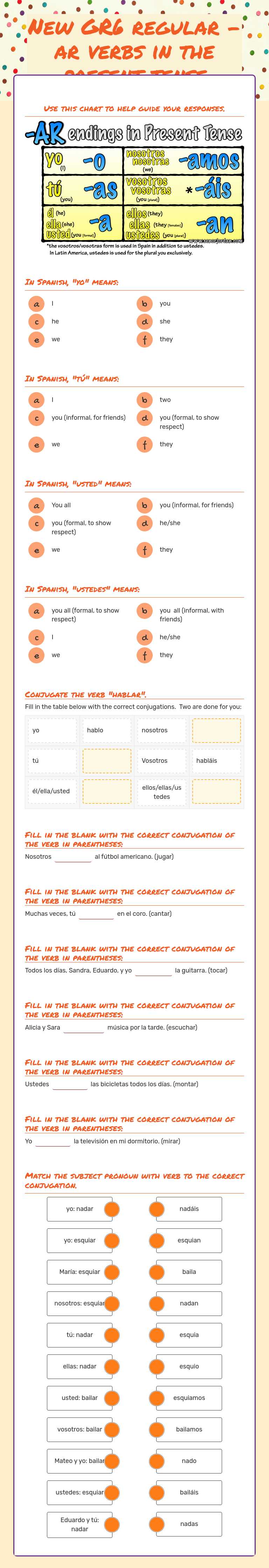 GR6 regular -ar verbs in the present tense worksheet preview image
