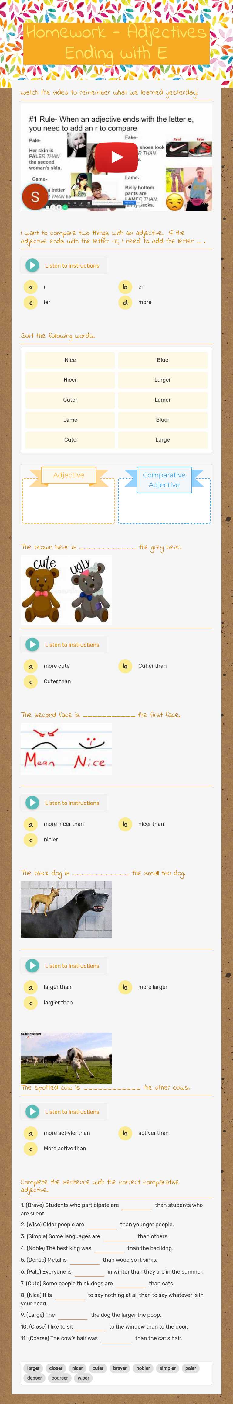 Homework - Adjectives Ending with E worksheet preview image