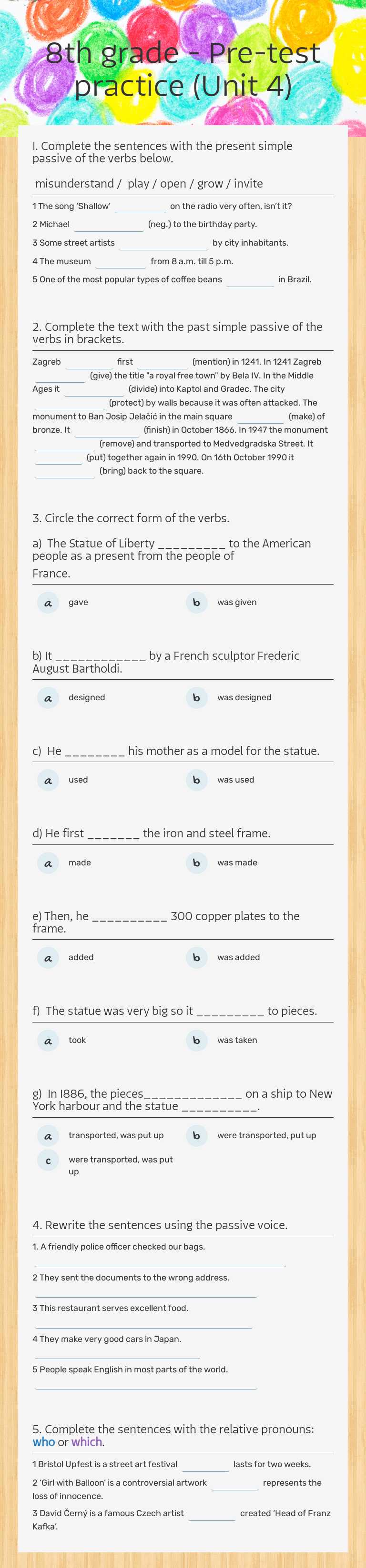 8th grade - Pre-test practice (Unit 4) worksheet preview image