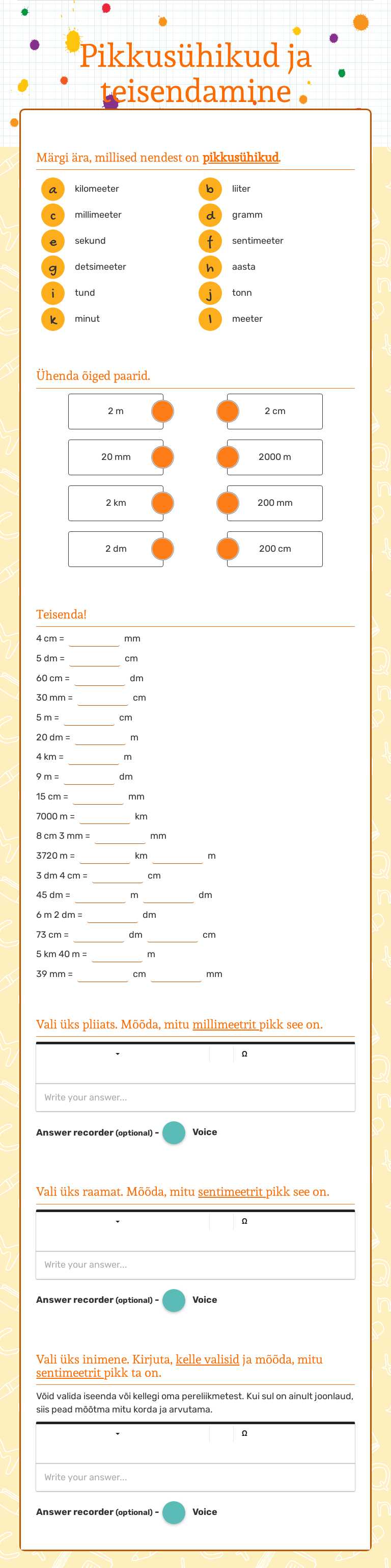 Pikkusühikud ja teisendamine worksheet preview image