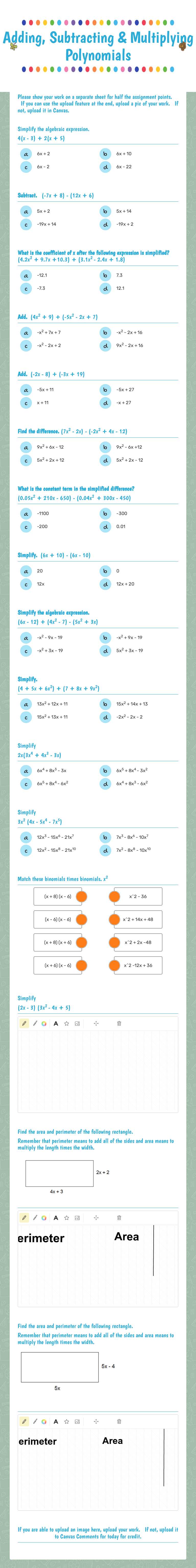 Adding, Subtracting &      Multiplying Polynomials worksheet preview image