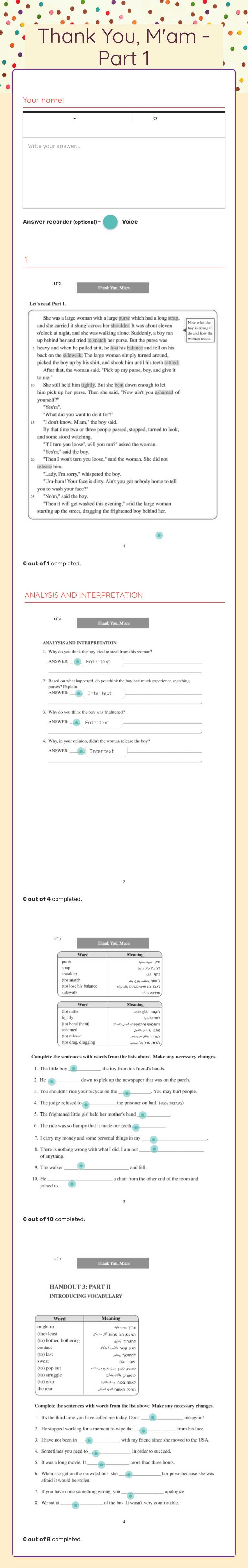 Thank You, M'am - Part 1 worksheet preview image