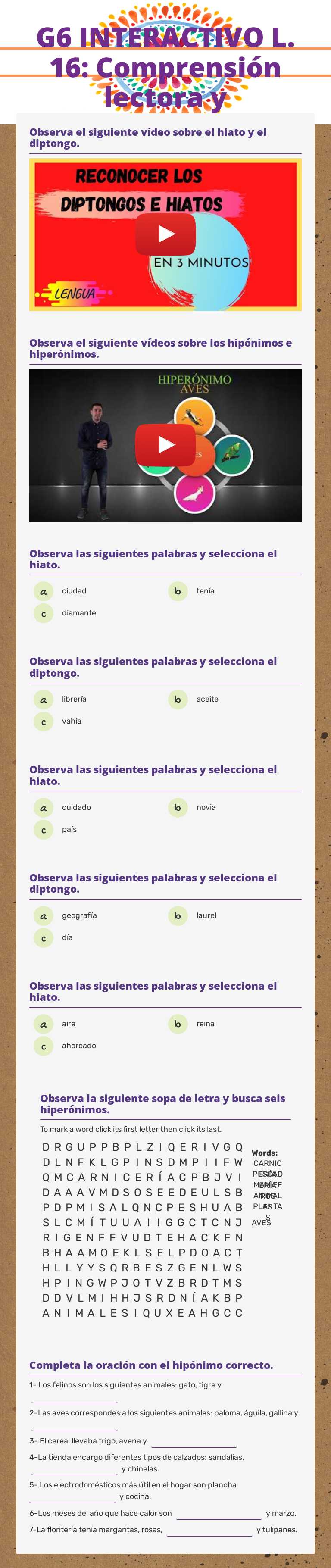 G6 INTERACTIVO L. 16: Comprensión lectora y evaluación worksheet preview image