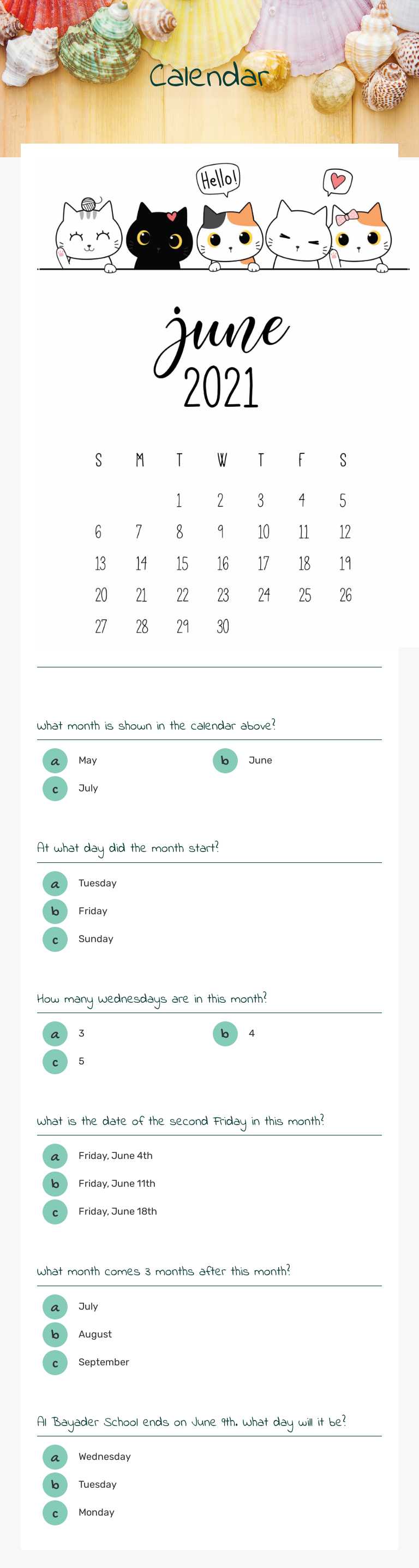 Calendar worksheet preview image