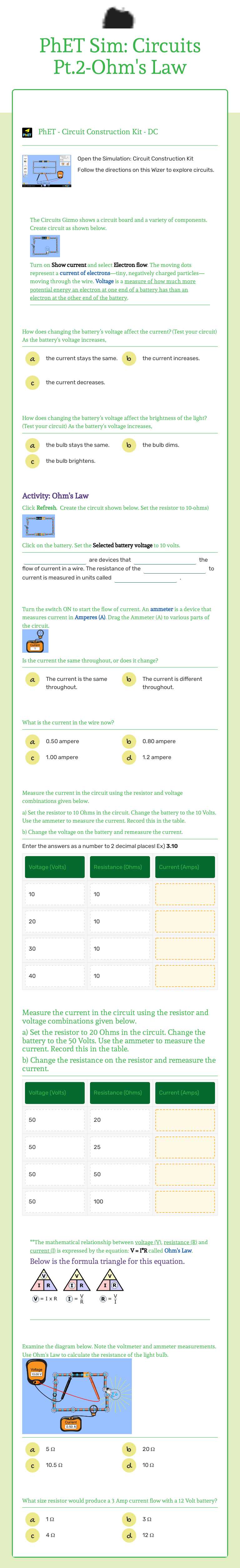 PhET Sim: Circuits & Ohm's Law worksheet preview image