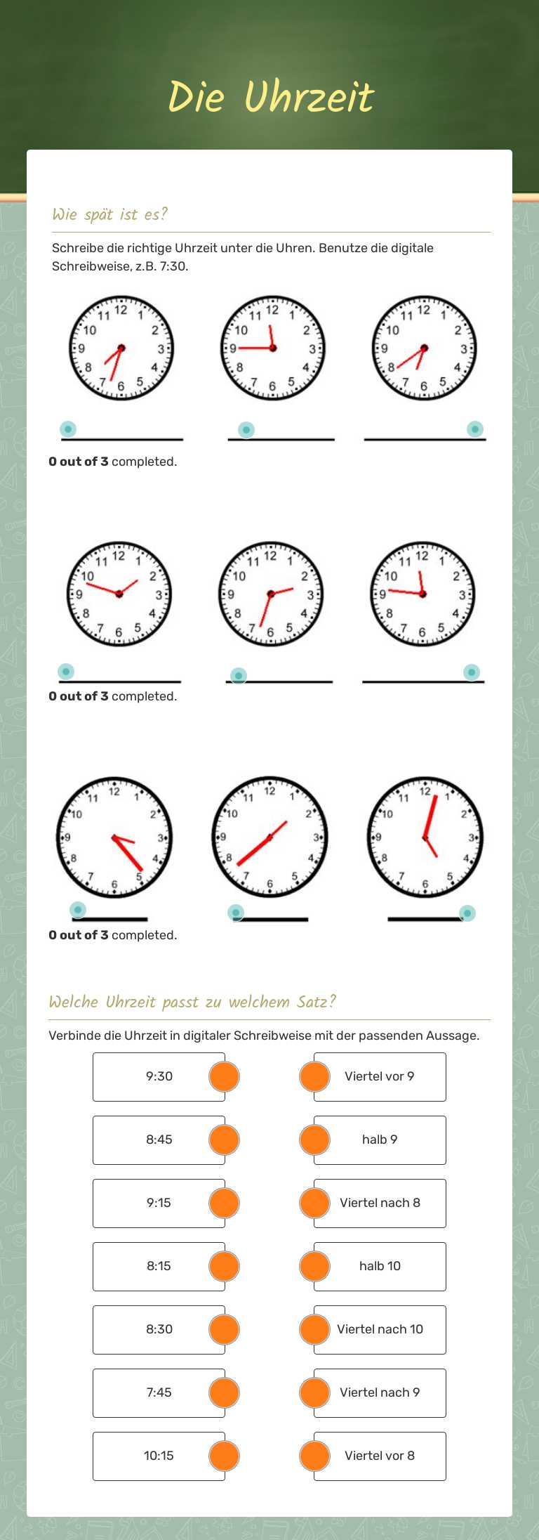 Die Uhrzeit Grade 6 worksheet preview