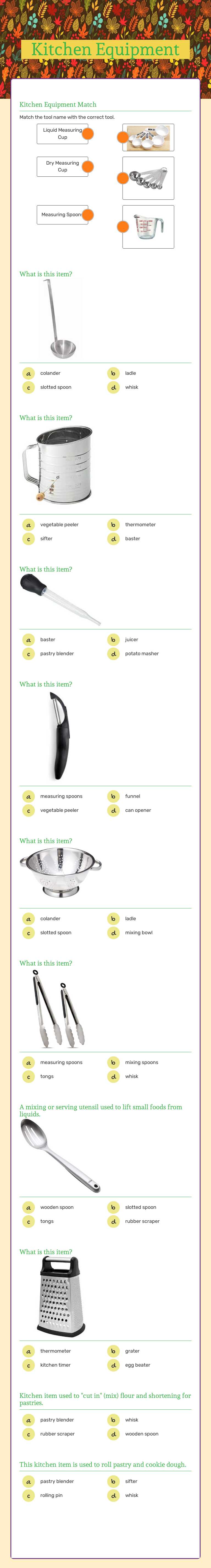 Kitchen Equipment worksheet preview image
