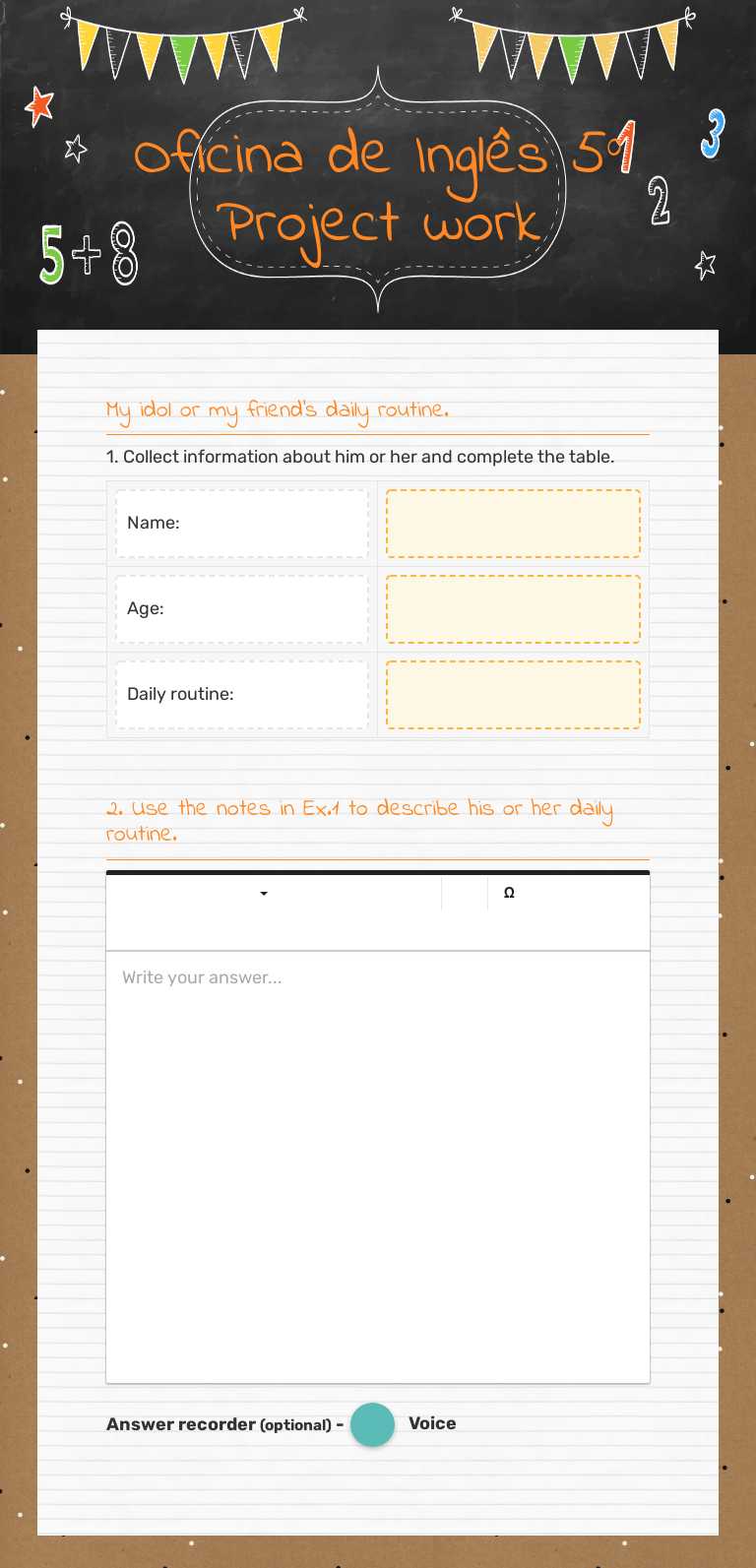 Oficina de Inglês 5º  Project work worksheet preview image