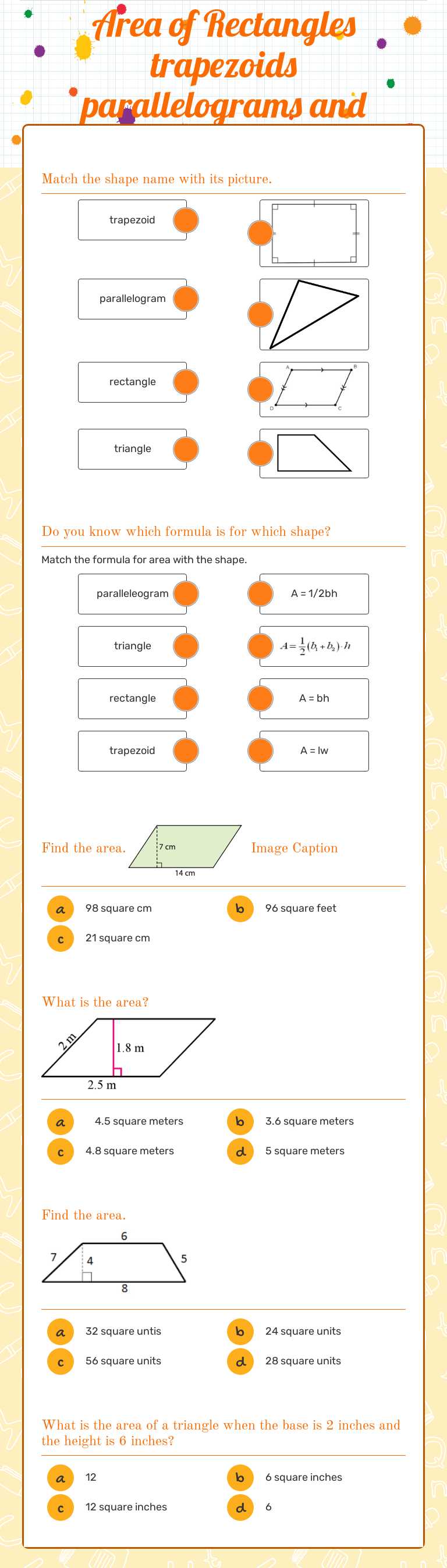 Area of Rectangles trapezoids parallelograms and Triangles by Kara ...