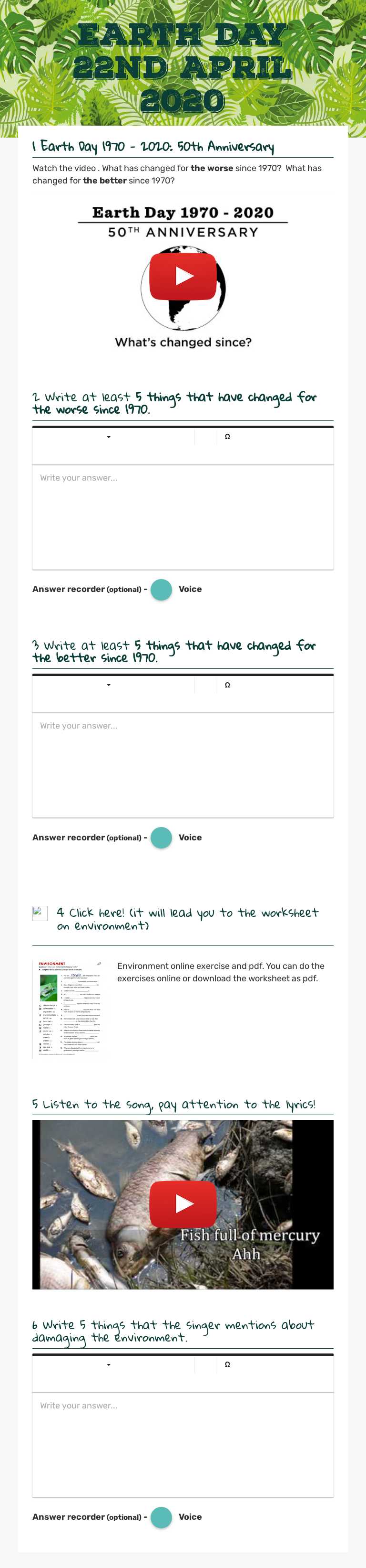 Earth Day      22nd April 2020 Grade 7 worksheet preview