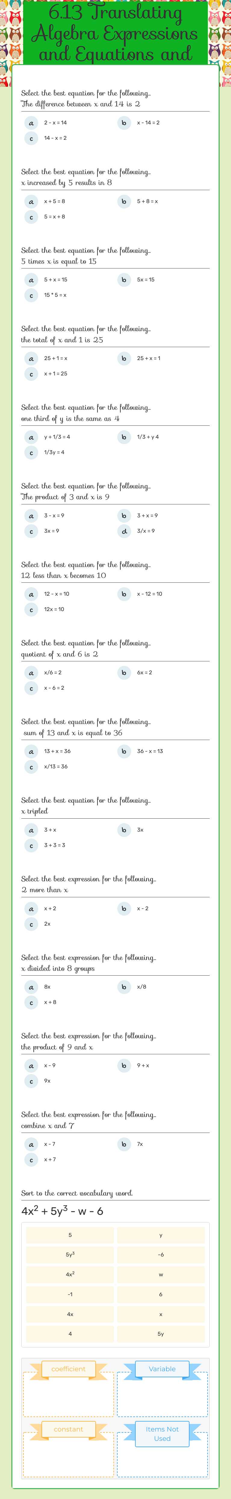 6.13 Translating Algebra Expressions and Equations and Algebra Vocabulary worksheet preview image