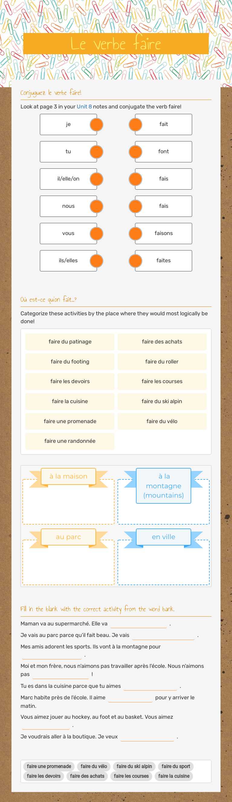 Le verbe faire worksheet preview image