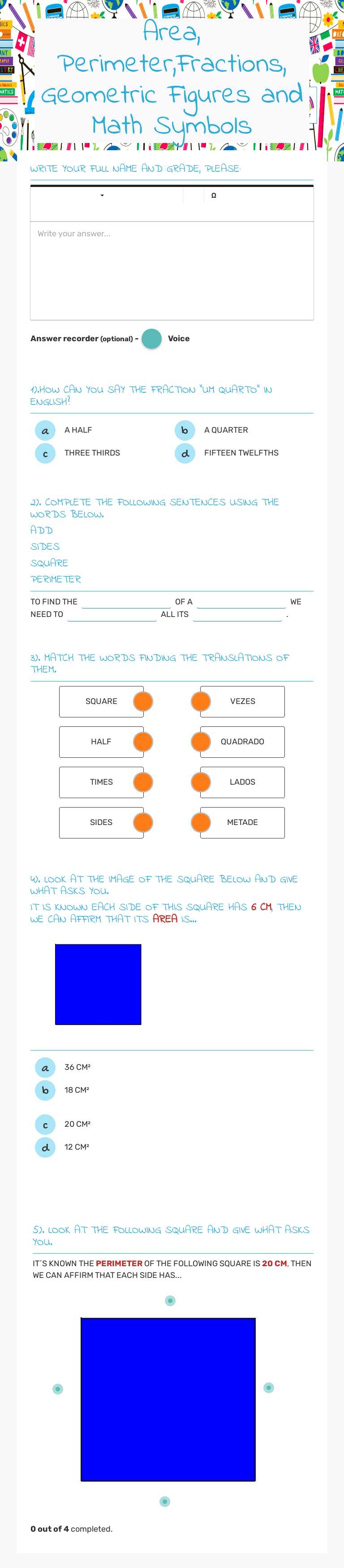 Area, Perimeter,Fractions, Geometric Figures and Math Symbols worksheet preview image