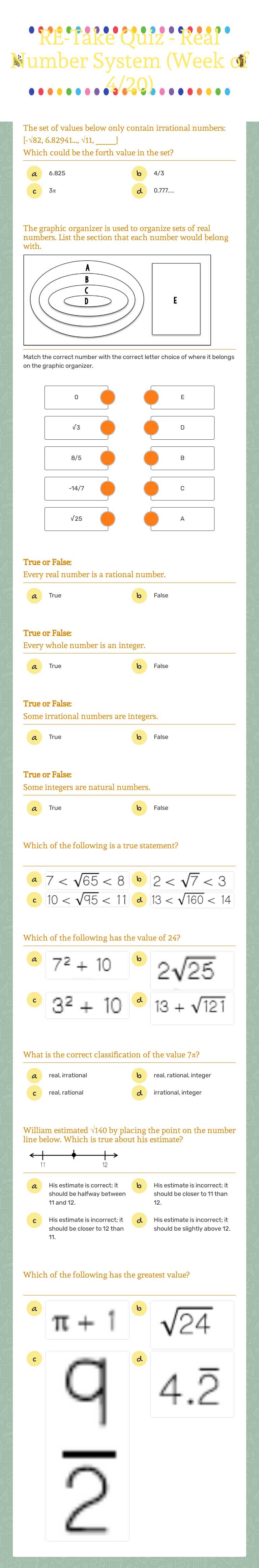 RE-Take Quiz - Real Number System (Week of 4/20) Grade 8 worksheet preview