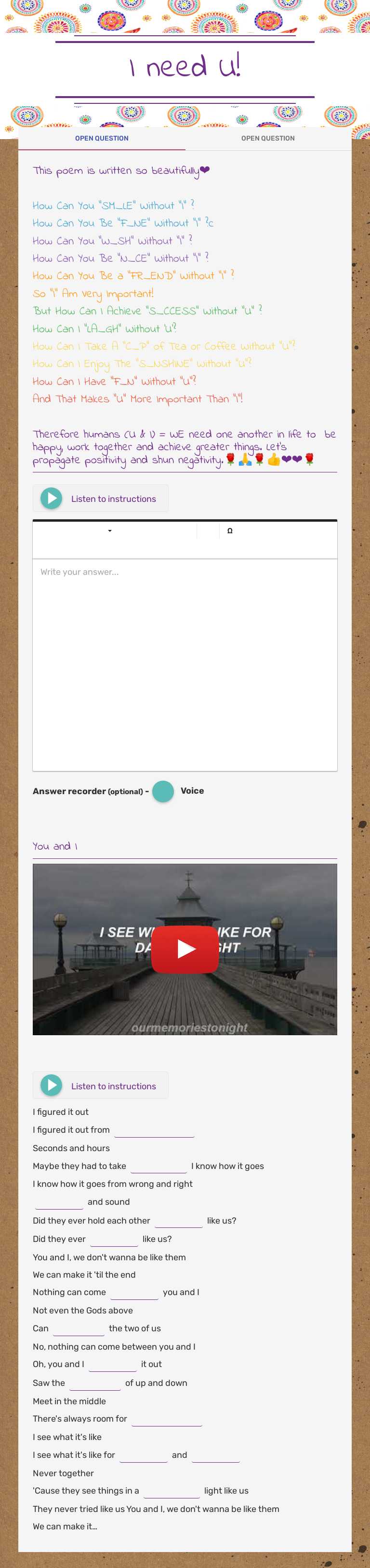 I need U! worksheet preview image
