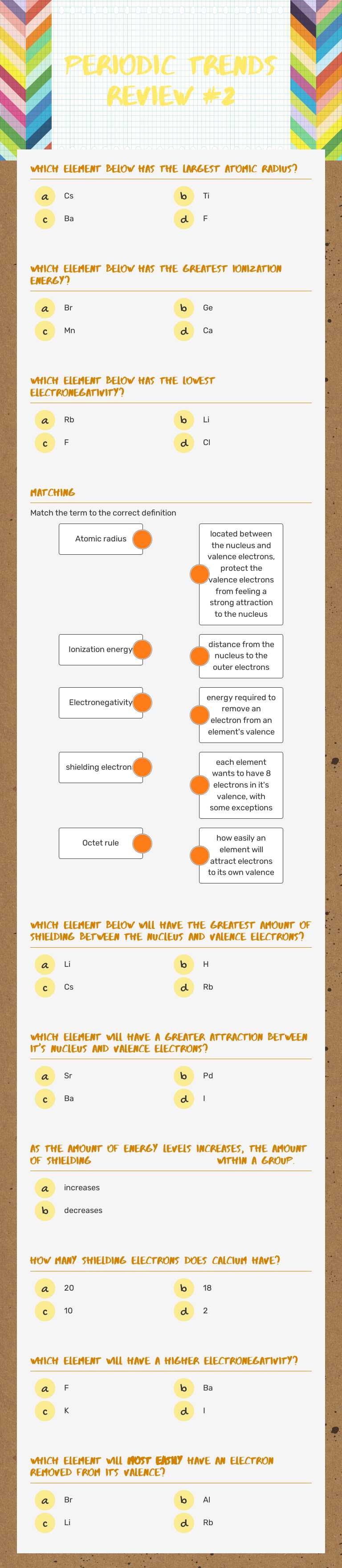 Periodic Trends Review #2 Grade 10 worksheet preview