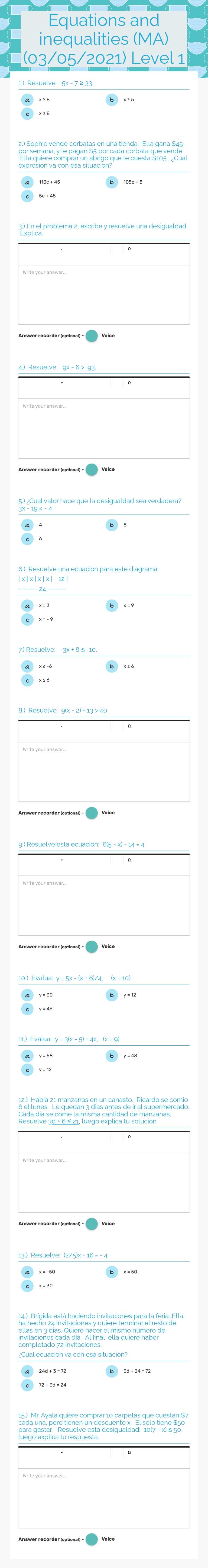 Equations and inequalities  (MA)(03/05/2021) Level 1 worksheet preview image