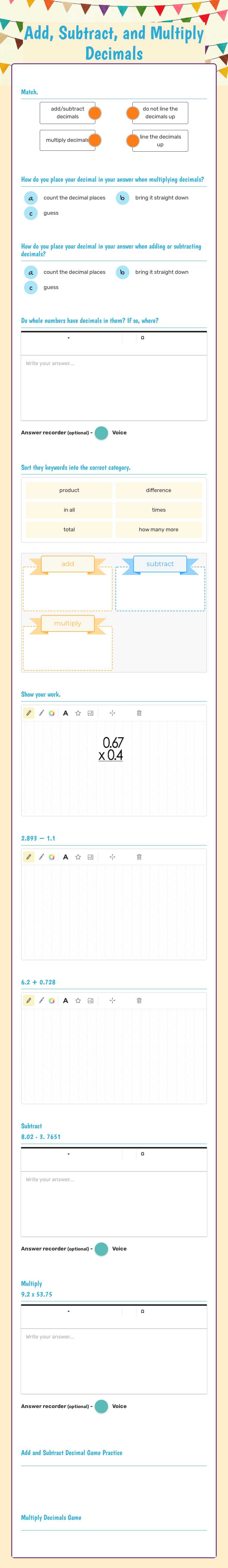 Add, Subtract, and Multiply Decimals worksheet preview image