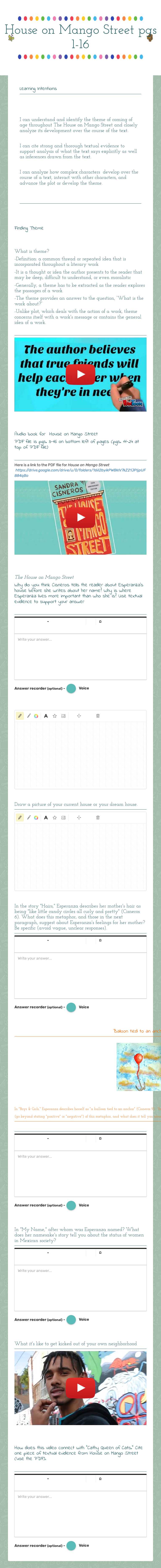 House on Mango Street pgs 1-16 worksheet preview image