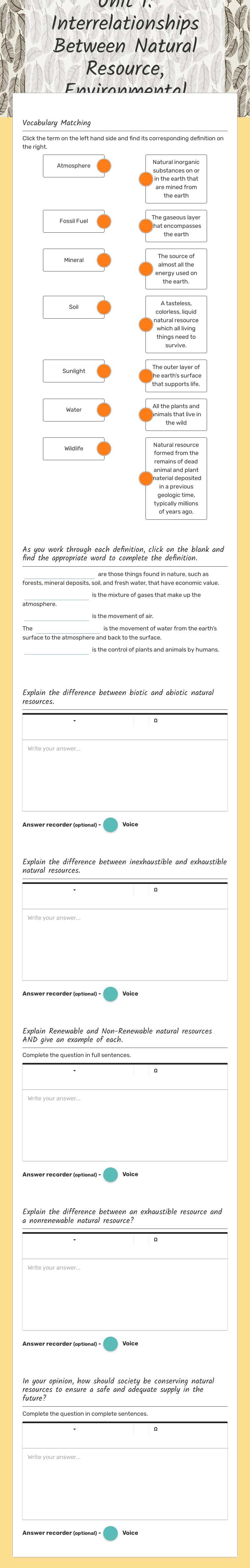 Unit 1: Interrelationships Between Natural Resource, Environmental Systems, and Humans worksheet preview image