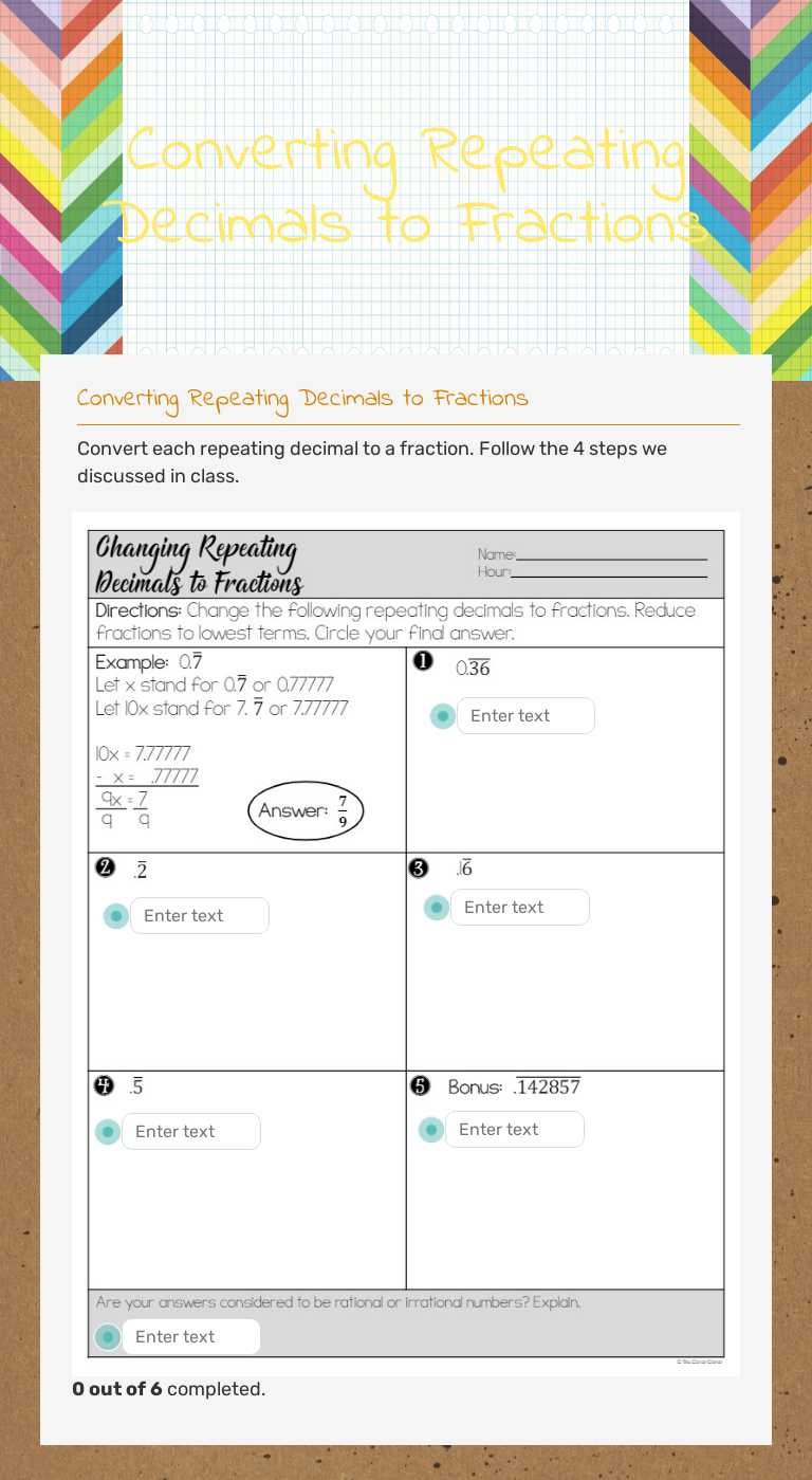 Converting Repeating Decimals to Fractions worksheet preview image