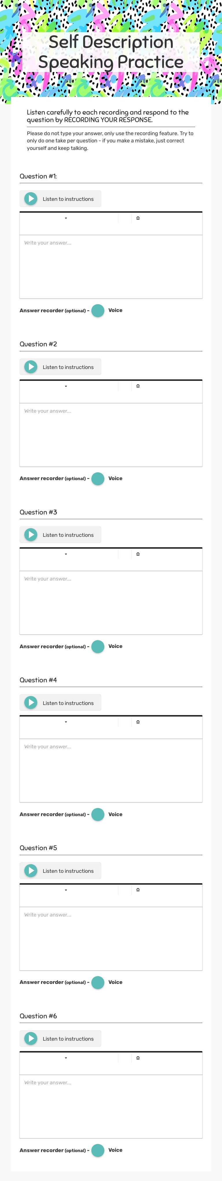 Self Description Speaking Practice Grade 7 worksheet preview