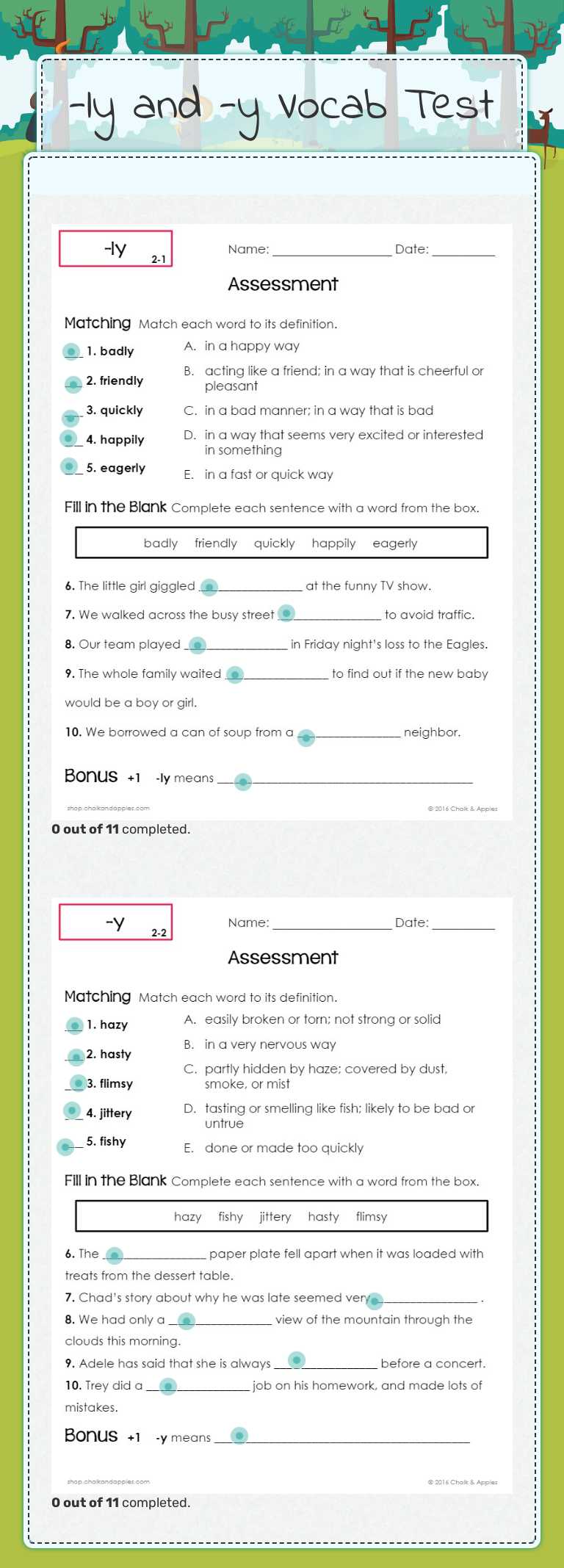 -ly and -y Vocab Test worksheet preview image