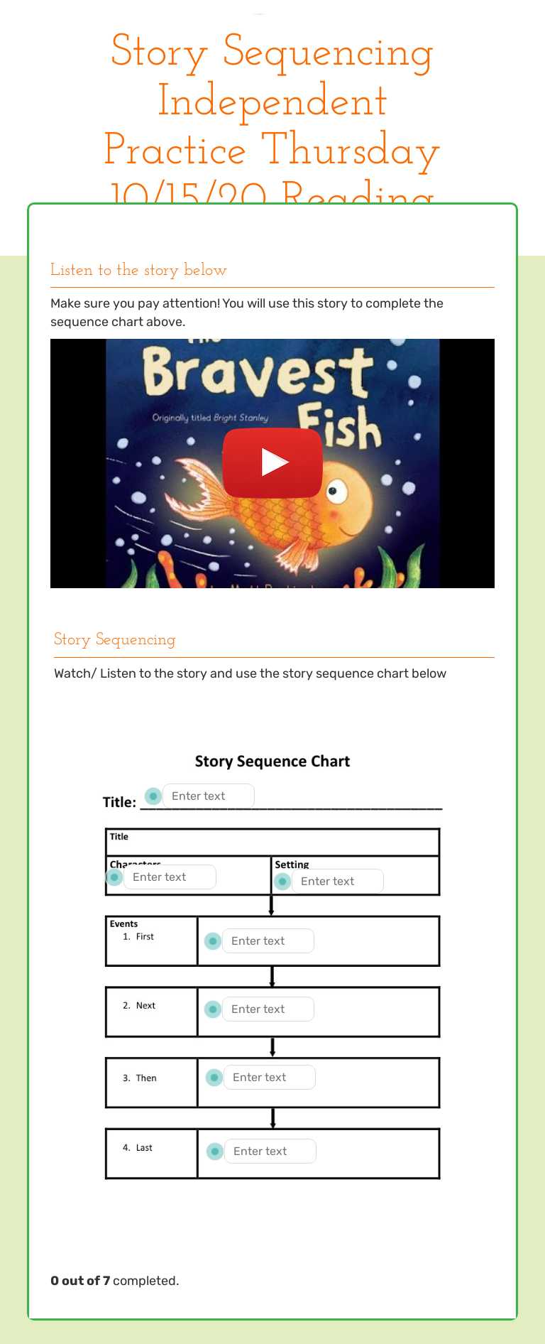 Story Sequencing Independent Practice Thursday 10/15/20 Reading Grade 2 worksheet preview
