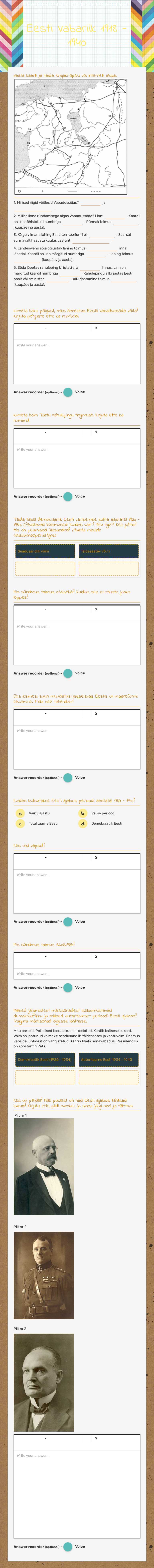Eesti Vabariik 1918 - 1940 worksheet preview image
