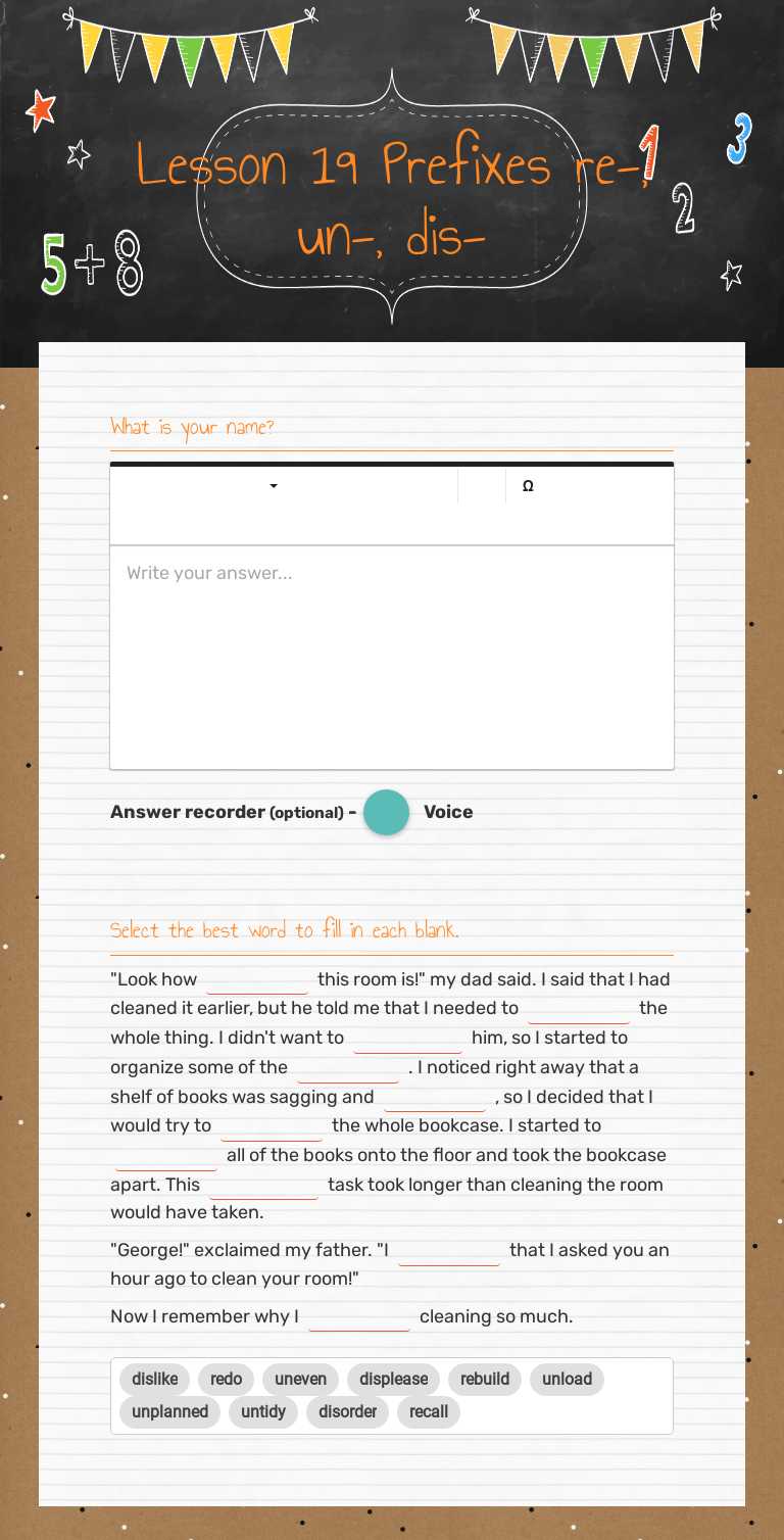 Lesson 19       Prefixes re-, un-, dis- worksheet preview image