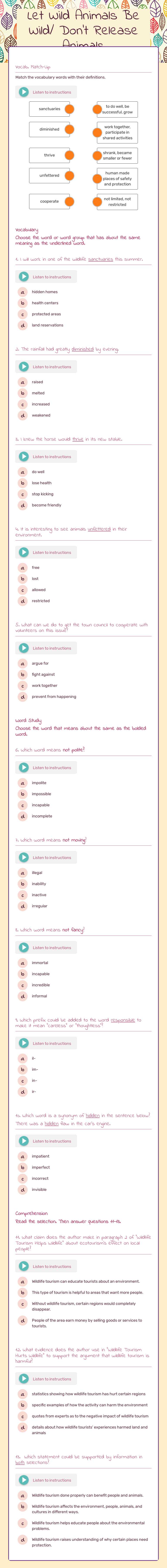 Let Wild Animals Be Wild/ Don't Release Animals worksheet preview image